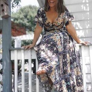 Anthropology Abel the Label Gandhi Dress Blue Floral Maxi Flutter Sleeve Sz S